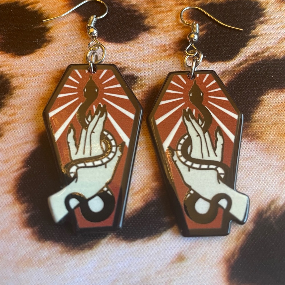 Unique Coffin-Shaped Earrings with Snake Design Black Red Goth hypoallergenic